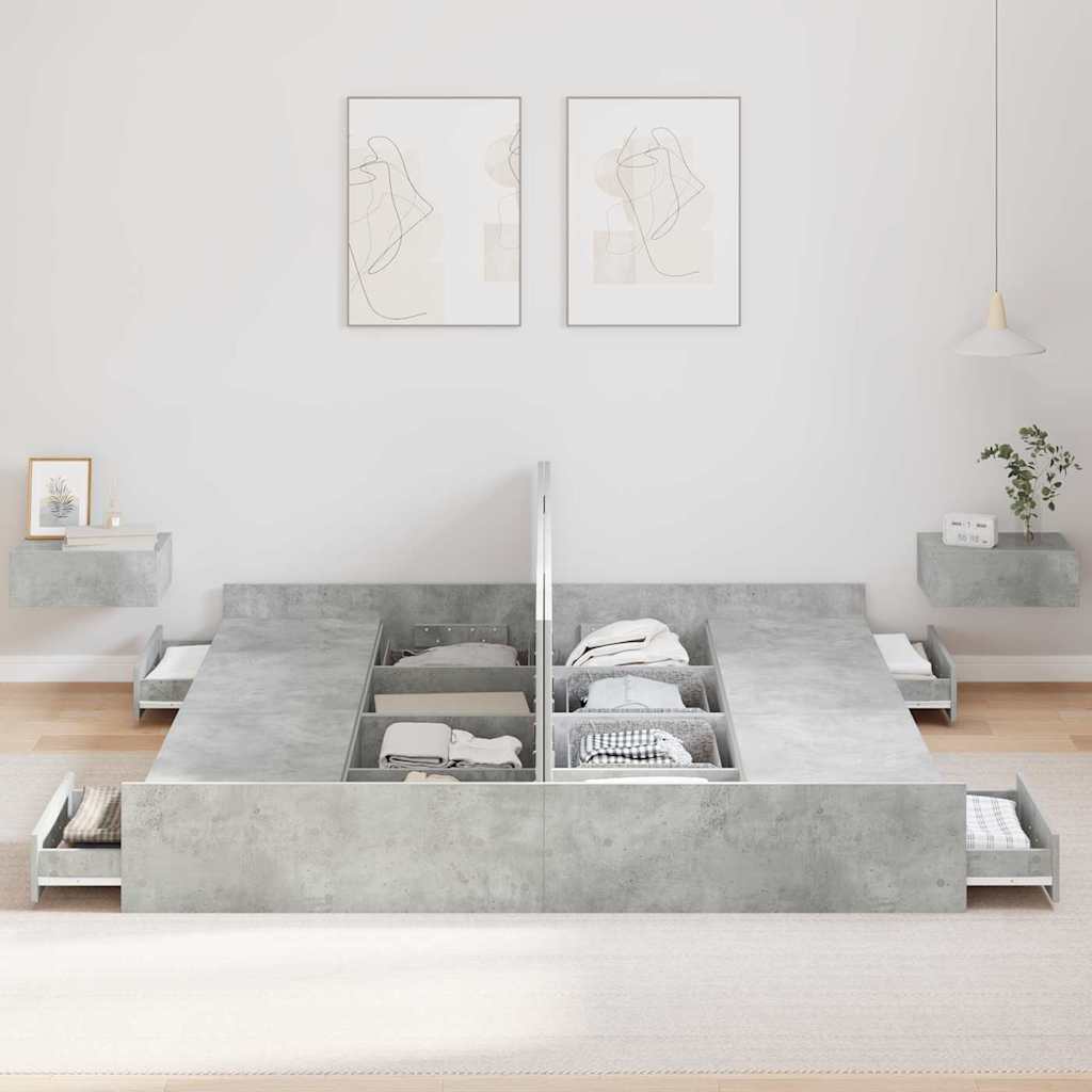 Ágykeret tárolóval fiókkal Beton Szürke 200 x 200 cm Szerelt Fa