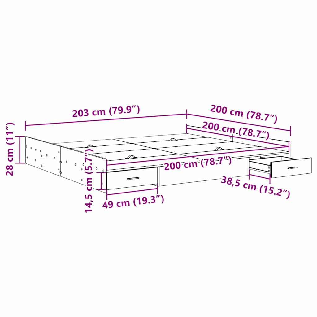 Ágykeret tárolóval fiókkal Beton Szürke 200 x 200 cm Szerelt Fa