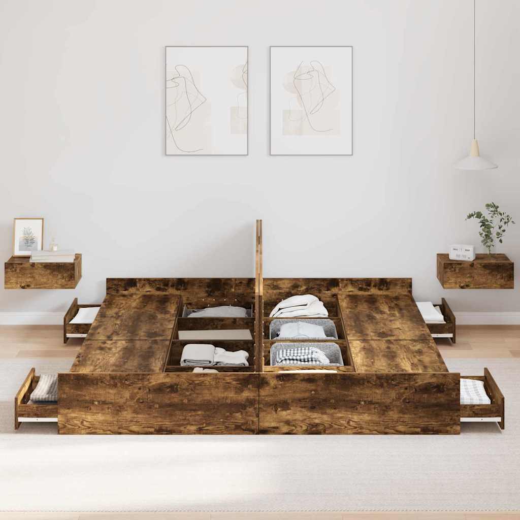 Ágykeret tárolóval Füstölt tölgy 200 x 200 cm Szerelt Fa
