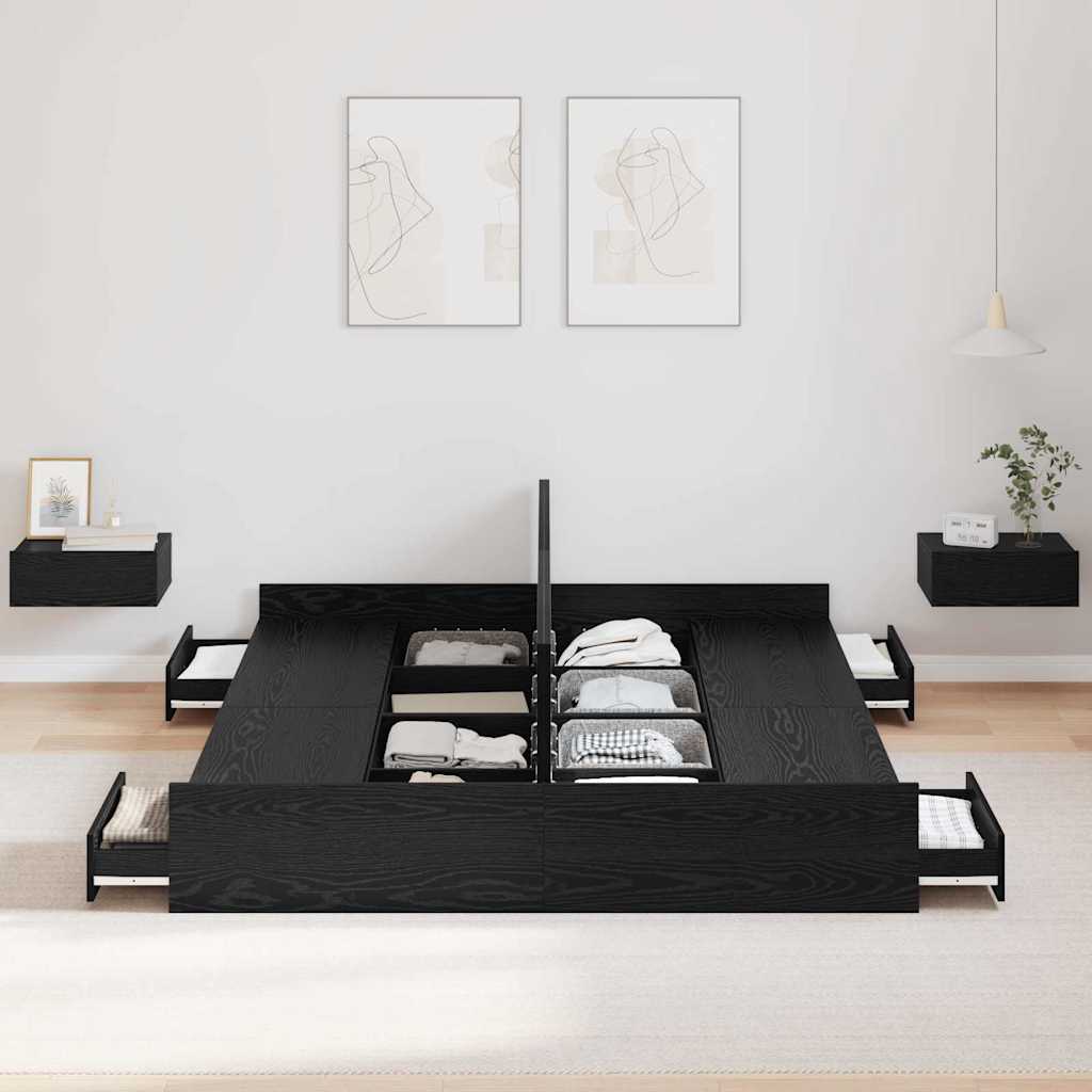 Ágykeret tárolóval fiókkal Fekete tölgy 135 x 190 cm Szerelt Fa