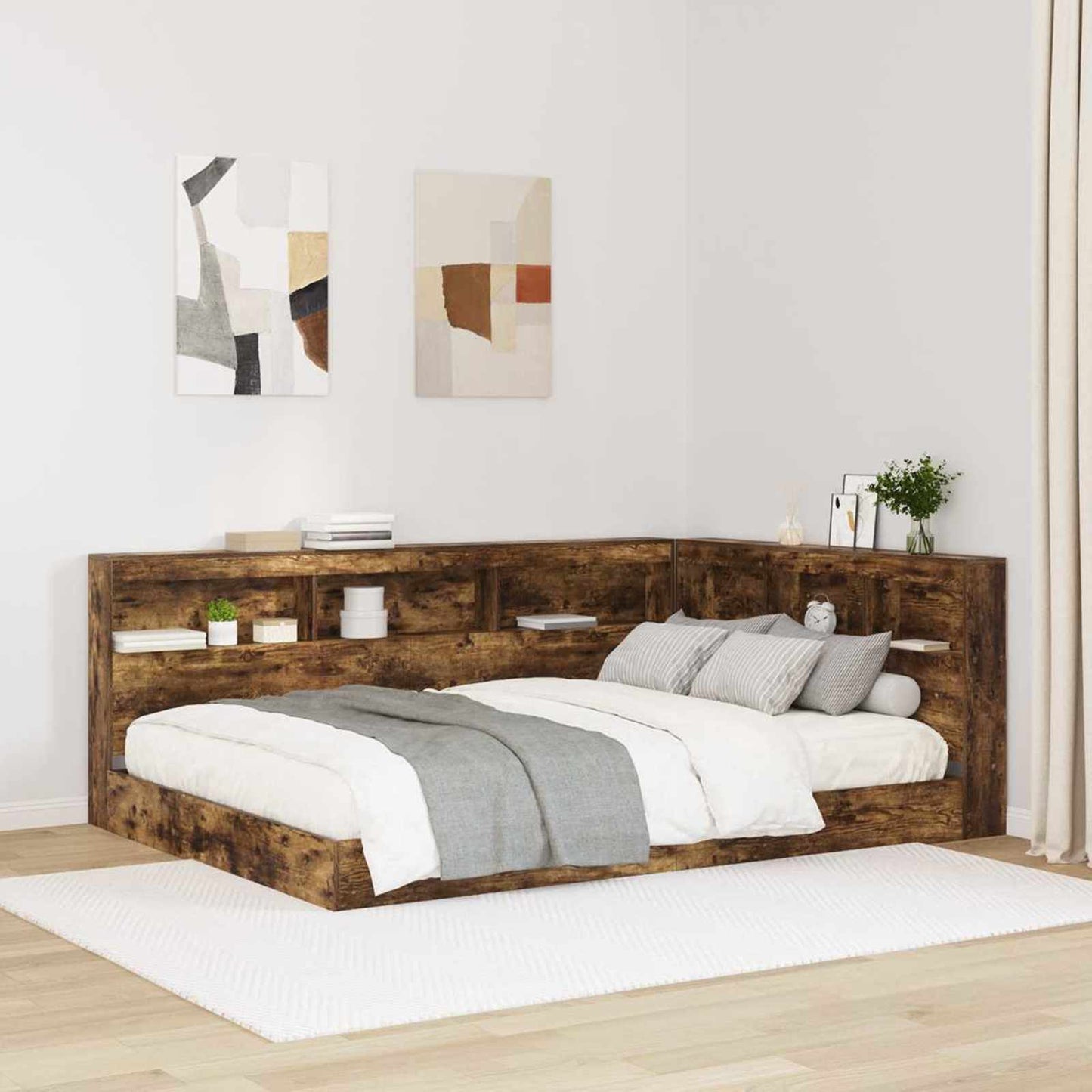 Könyvespolcos Ágy tárolóval Füstölt tölgy 160 x 200 cm Faanyag