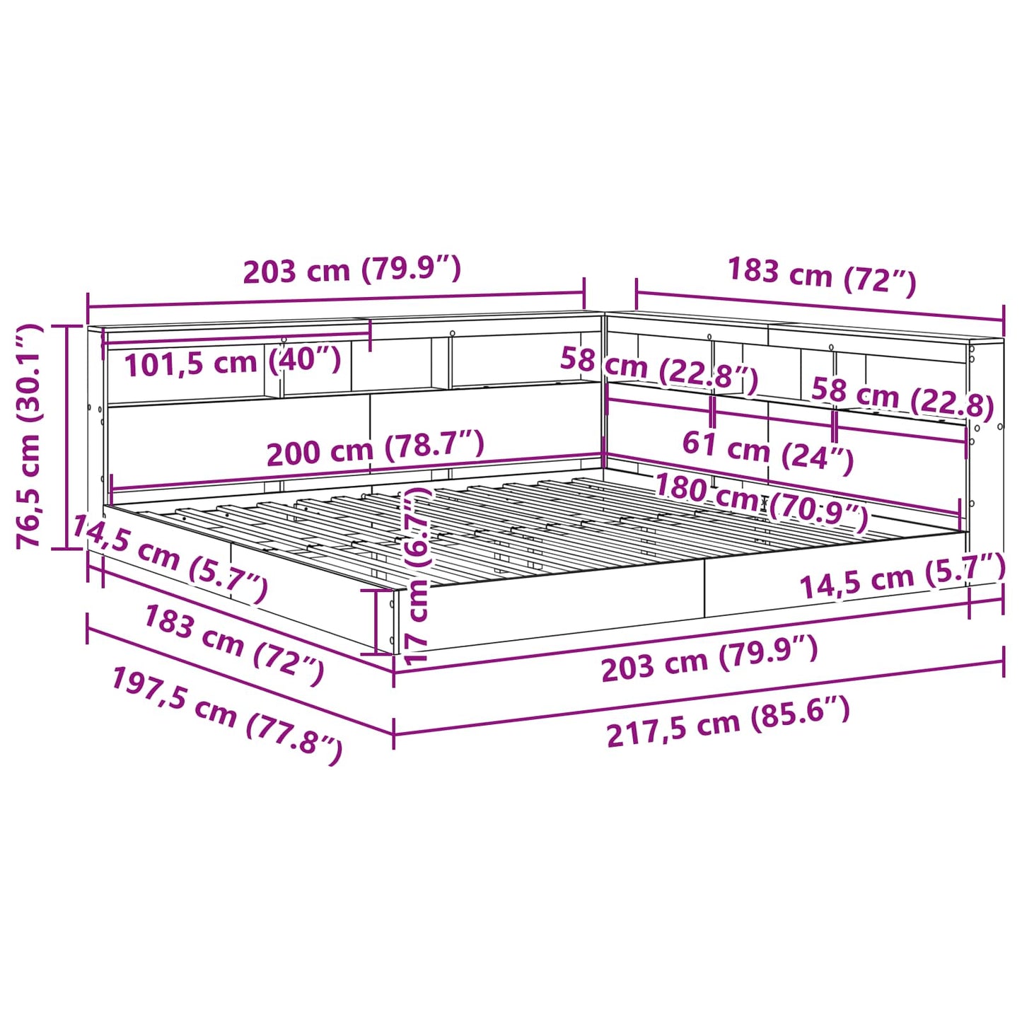 Könyvespolcos Ágy fejtámlával Beton szürke 180 x 200 cm Faanyag