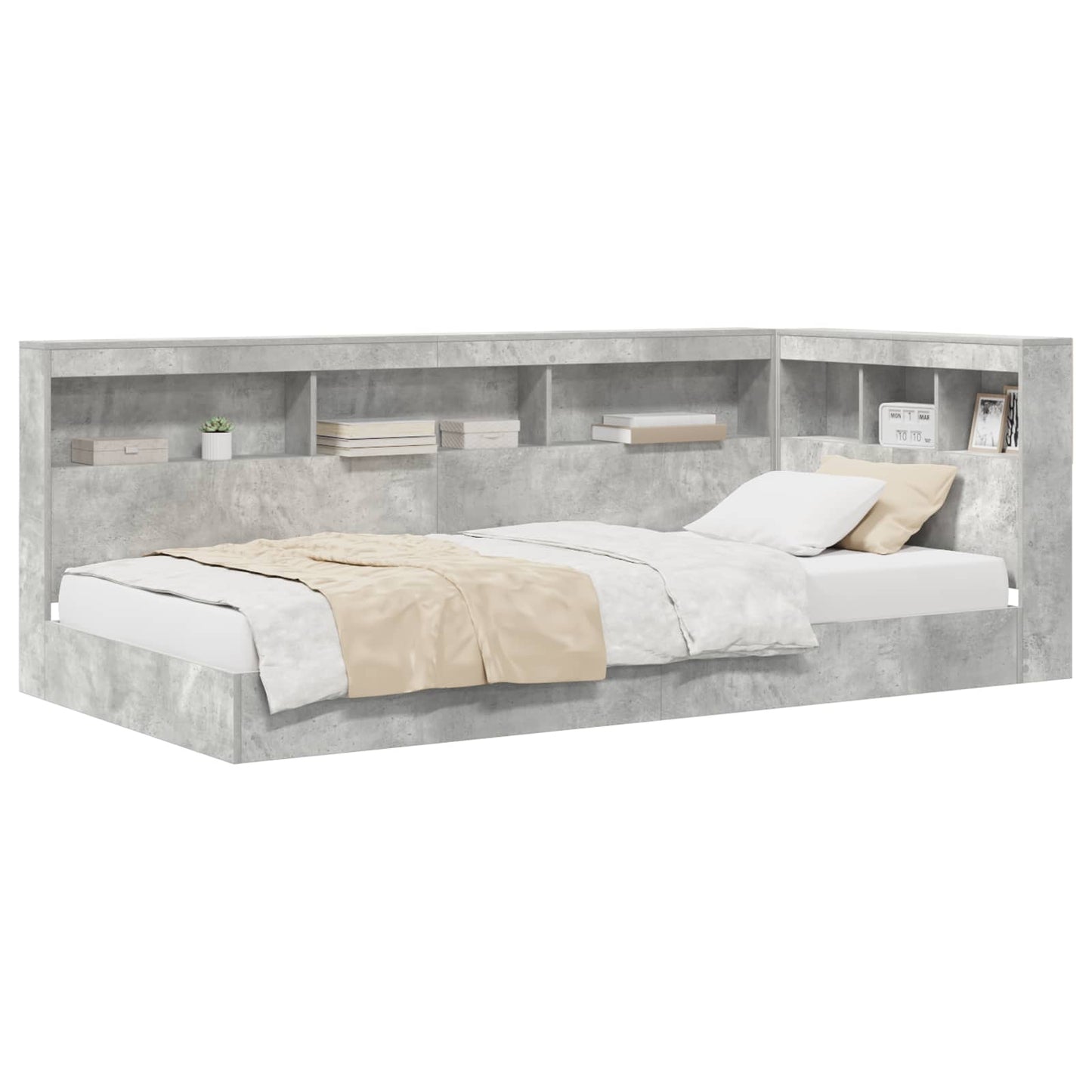 Könyvespolcos Ágy polcokkal Beton Szürke 75 x 190 cm Szerelt Fa