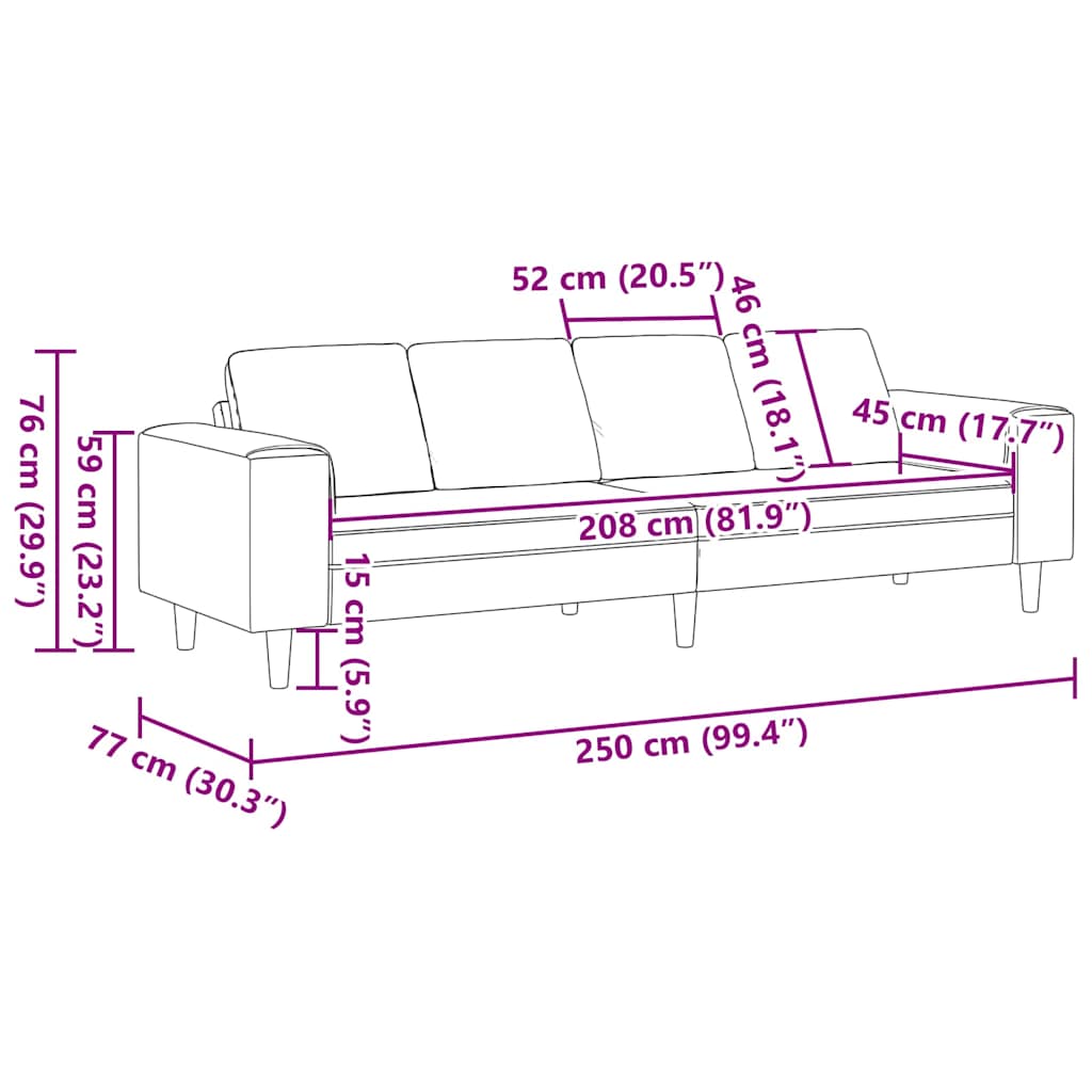 Nappali Kanapé Fekete 250 x 77 x 76 cm