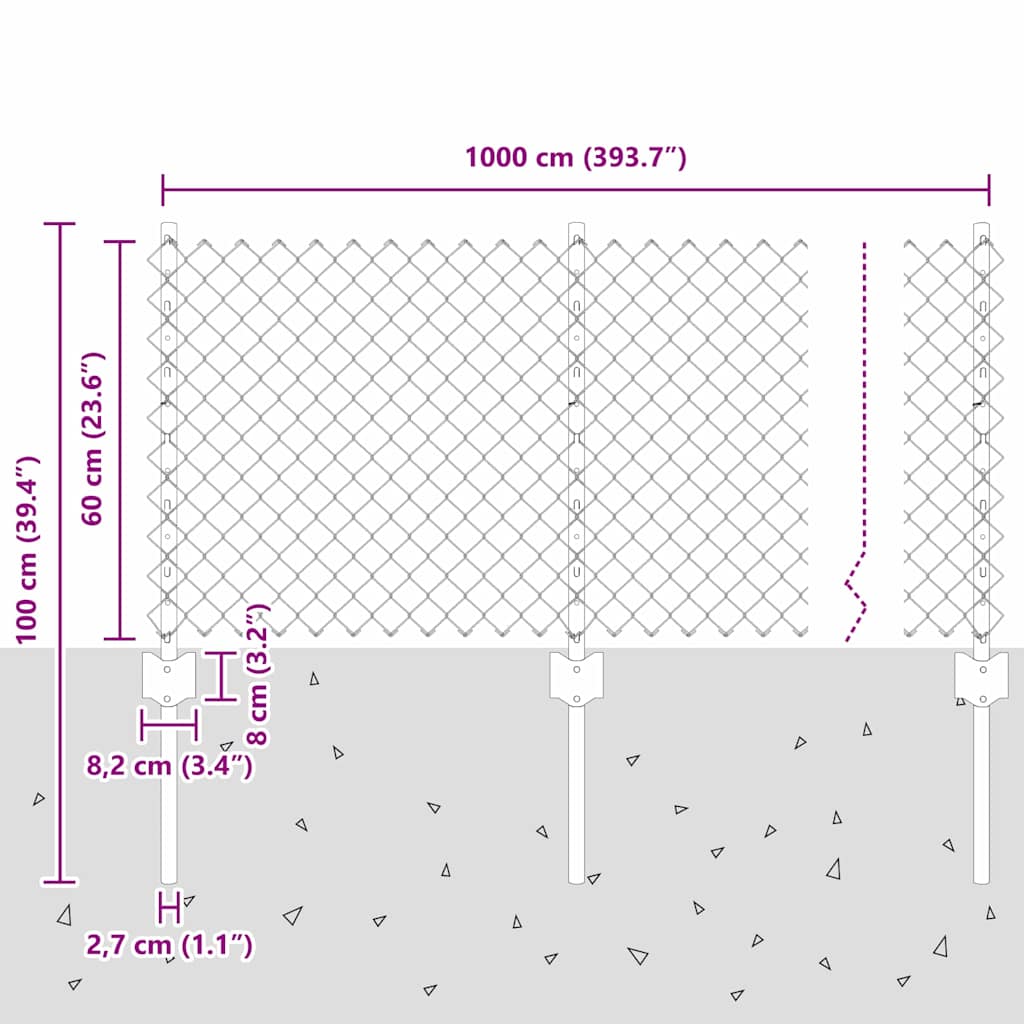 Lánccelpes kerítés oszloppal 10 x 0,6 m Horganyzott Acél Ezüst