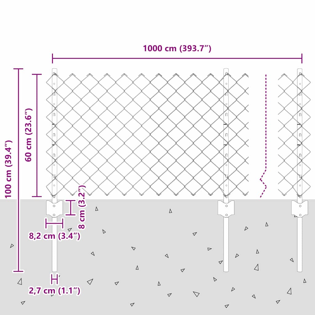 Lánccelpes kerítés oszloppal 10 x 0,6 m Horganyzott Acél Ezüst
