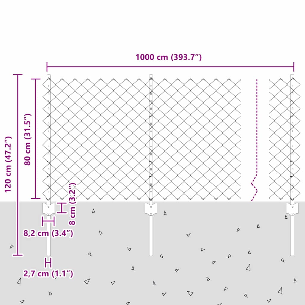 Lánccelpes kerítés oszloppal 10 x 0,8 m Horganyzott Acél Ezüst