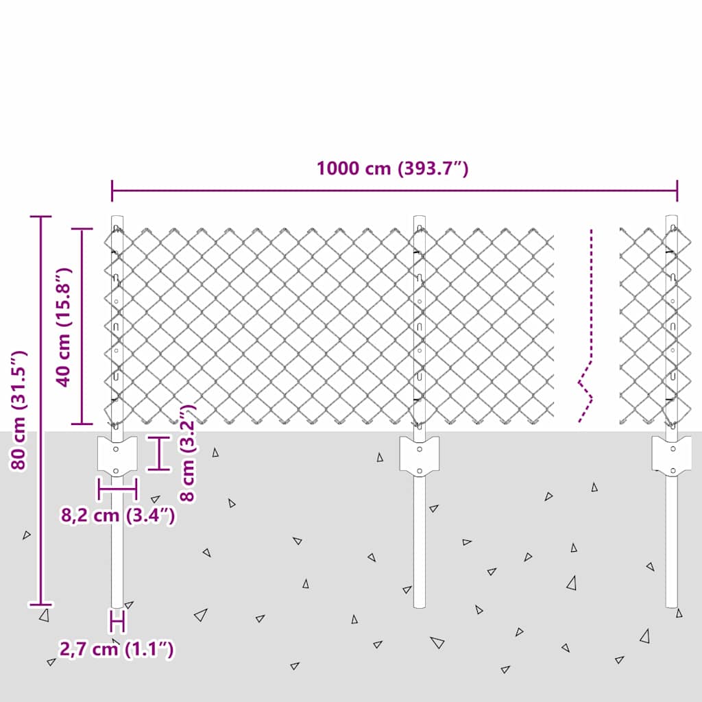 Lánccelpes kerítés oszloppal 25 x 0,4 m Horganyzott Acél Ezüst