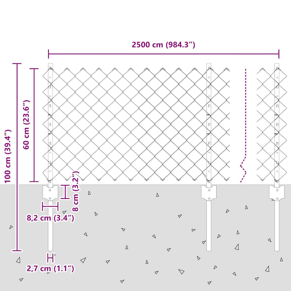 Lánccelpes kerítés oszloppal 25 x 0,6 m Horganyzott Acél Ezüst