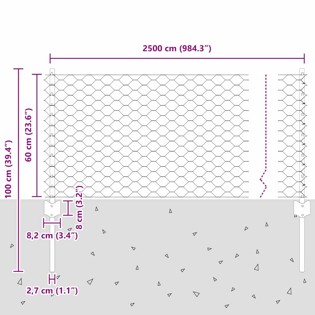 Hatszögletű kerítés oszlopokkal 25 x 0,6 m PVC-bevonatos acél