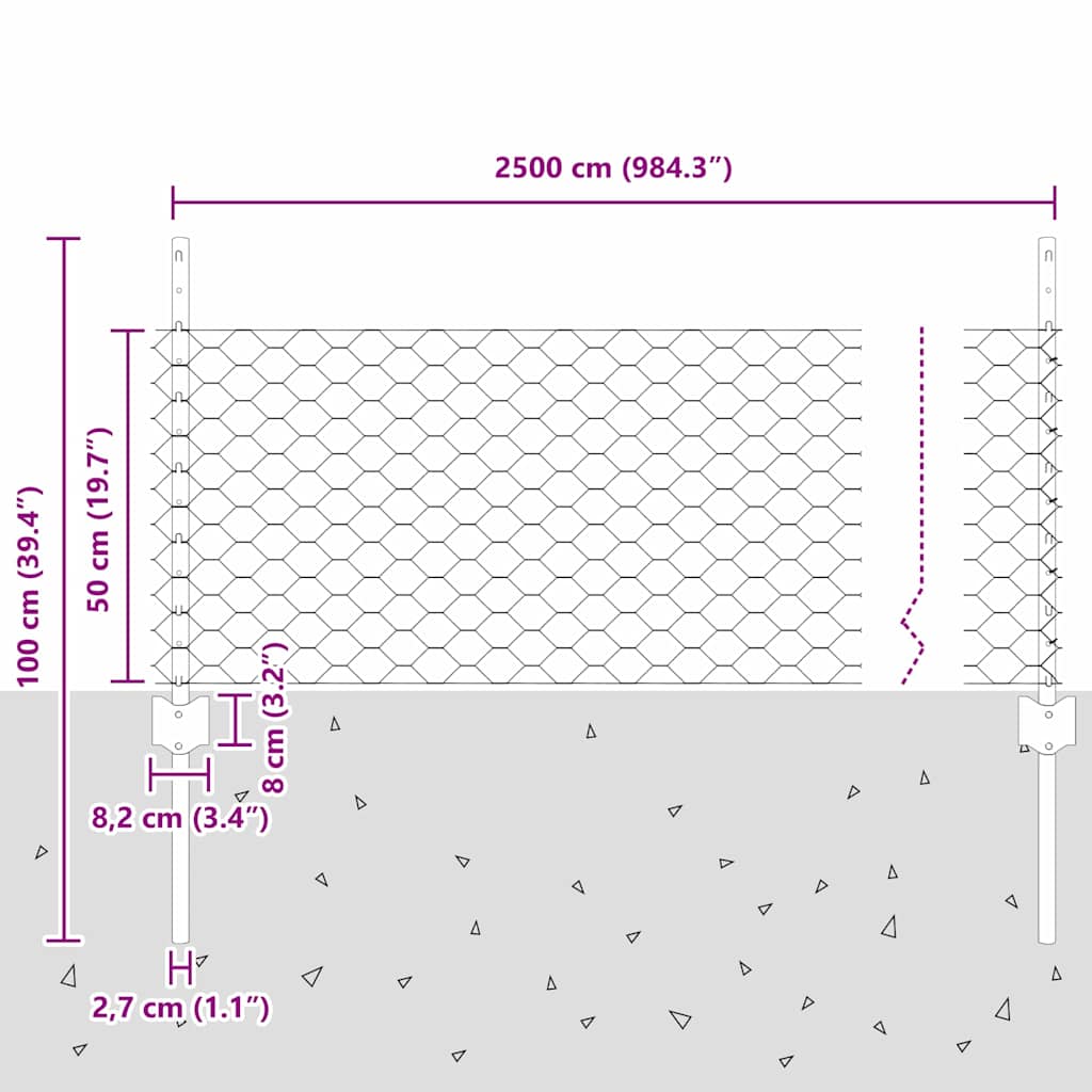 Hatszögletű kerítés oszlopokkal 25 x 0,5 m PVC-bevonatos acél