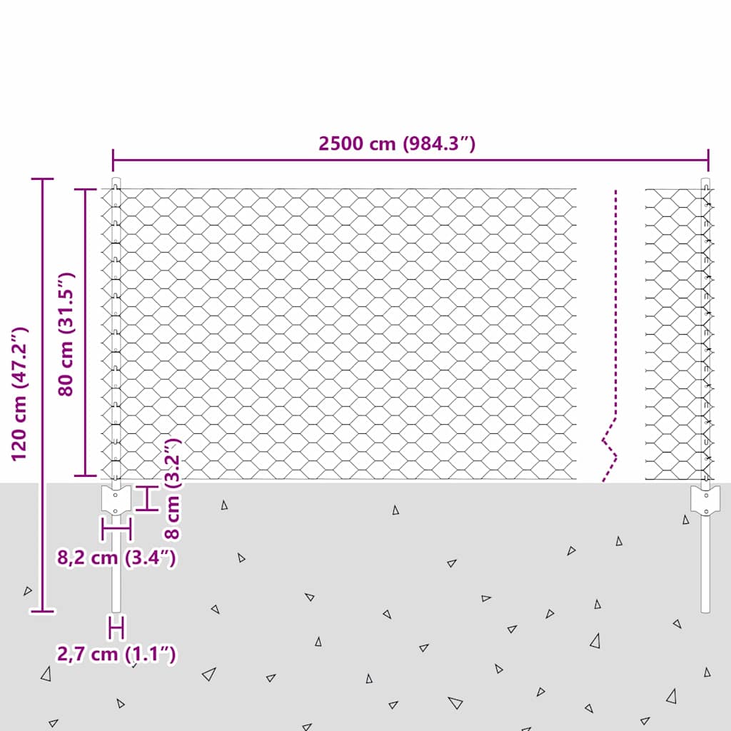 Hatszögletű kerítés oszlopokkal 25 x 0,8 m PVC-bevonatos acél