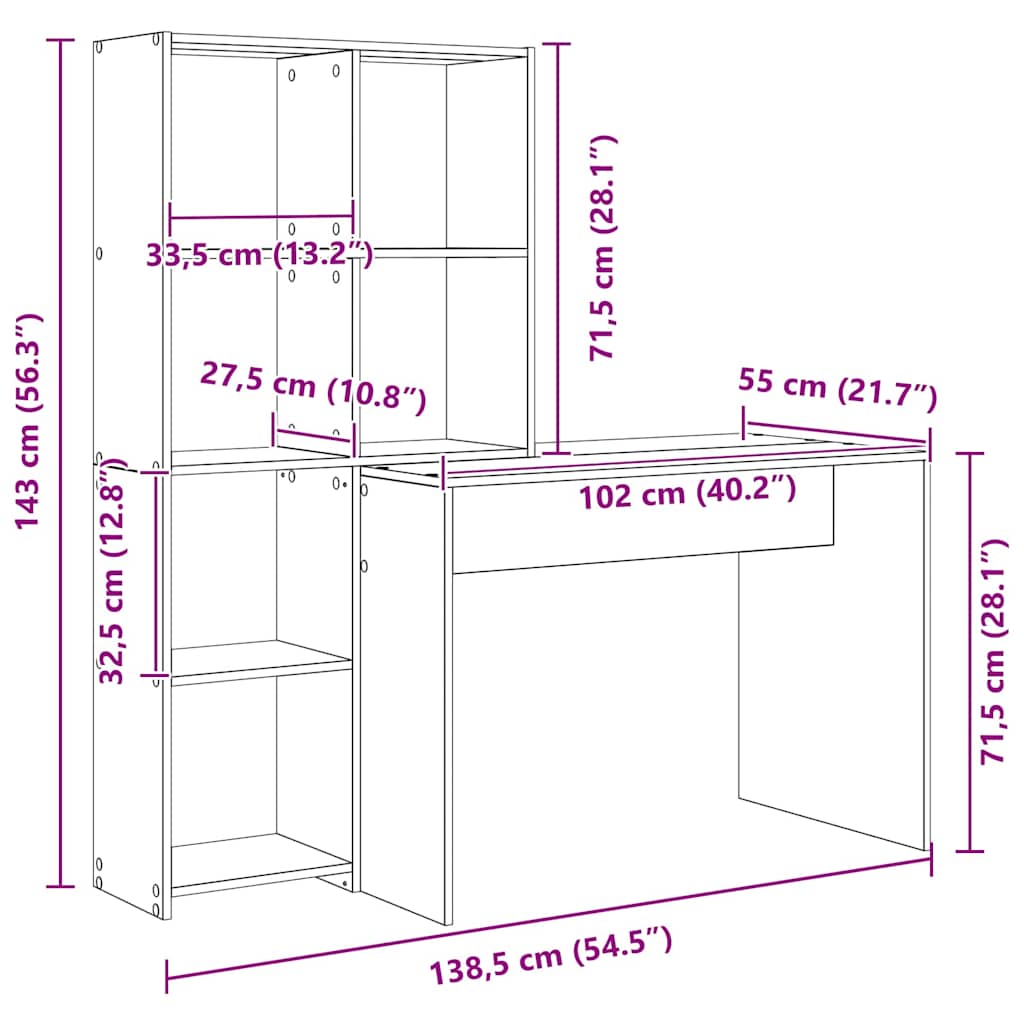 Asztal polcokkal tárolóval Fehér 138,5 x 55 x 143 cm Szerelt Fa
