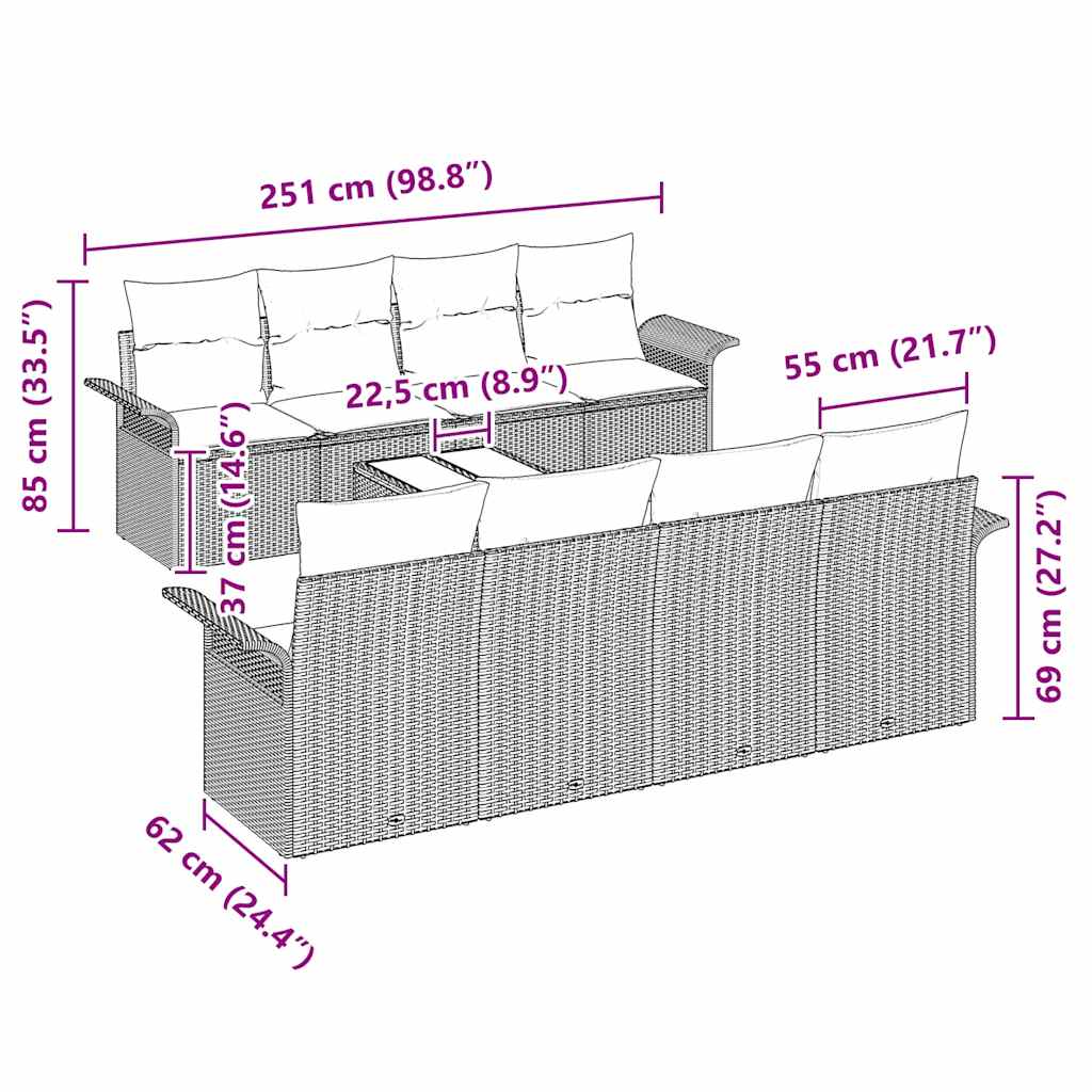 Kerti Kanapé Szett 9 pcs Szürke Poli rattan