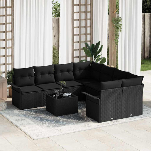 Kerti Kanapé Szett 9 pcs Fekete Poli rattan