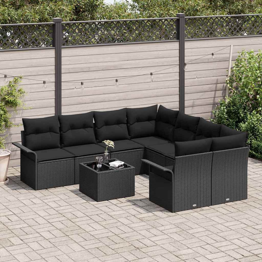 Kerti Kanapé Szett 9 pcs Fekete Poli rattan