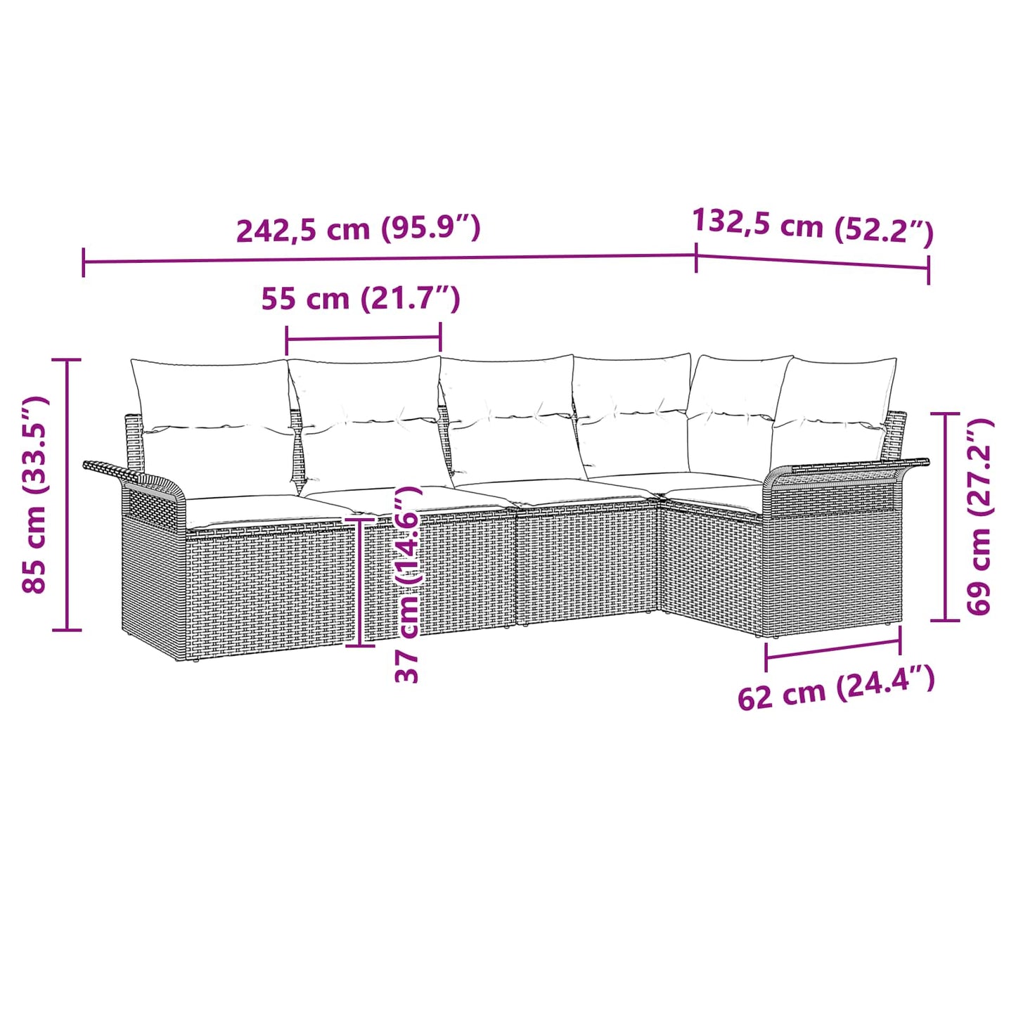 Kerti Kanapé Szett párnával 5 pcs Barna polirattan