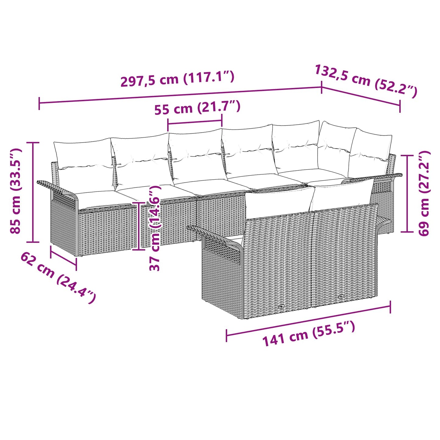 Kerti Kanapé Szett párnával 8 pcs Szürke polirattan