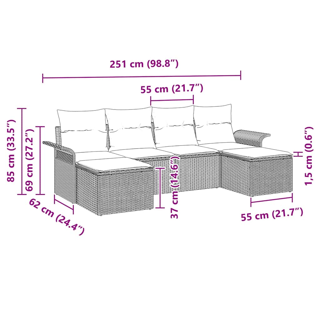 Kerti Kanapé Szett párnával 6 pcs Barna Poli rattan