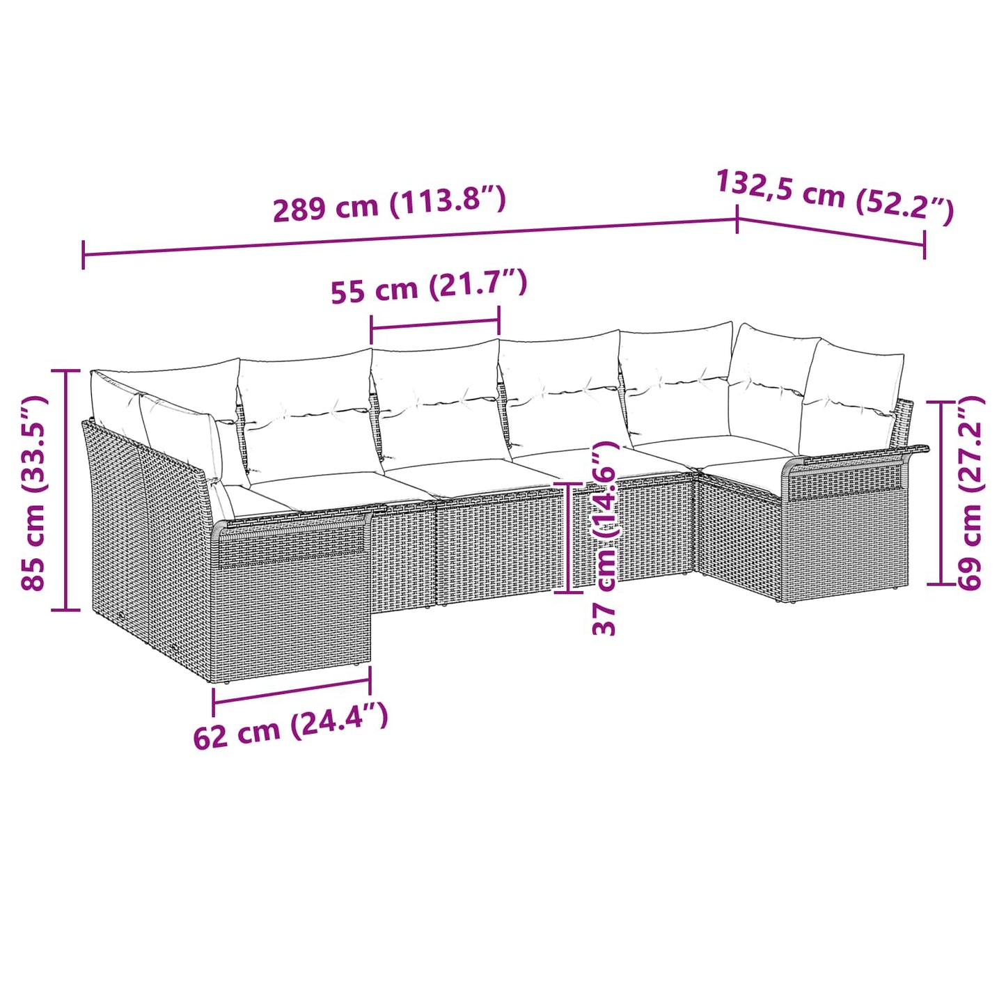 Kerti Kanapé Szett párnával 7 pcs Szürke Poli rattan
