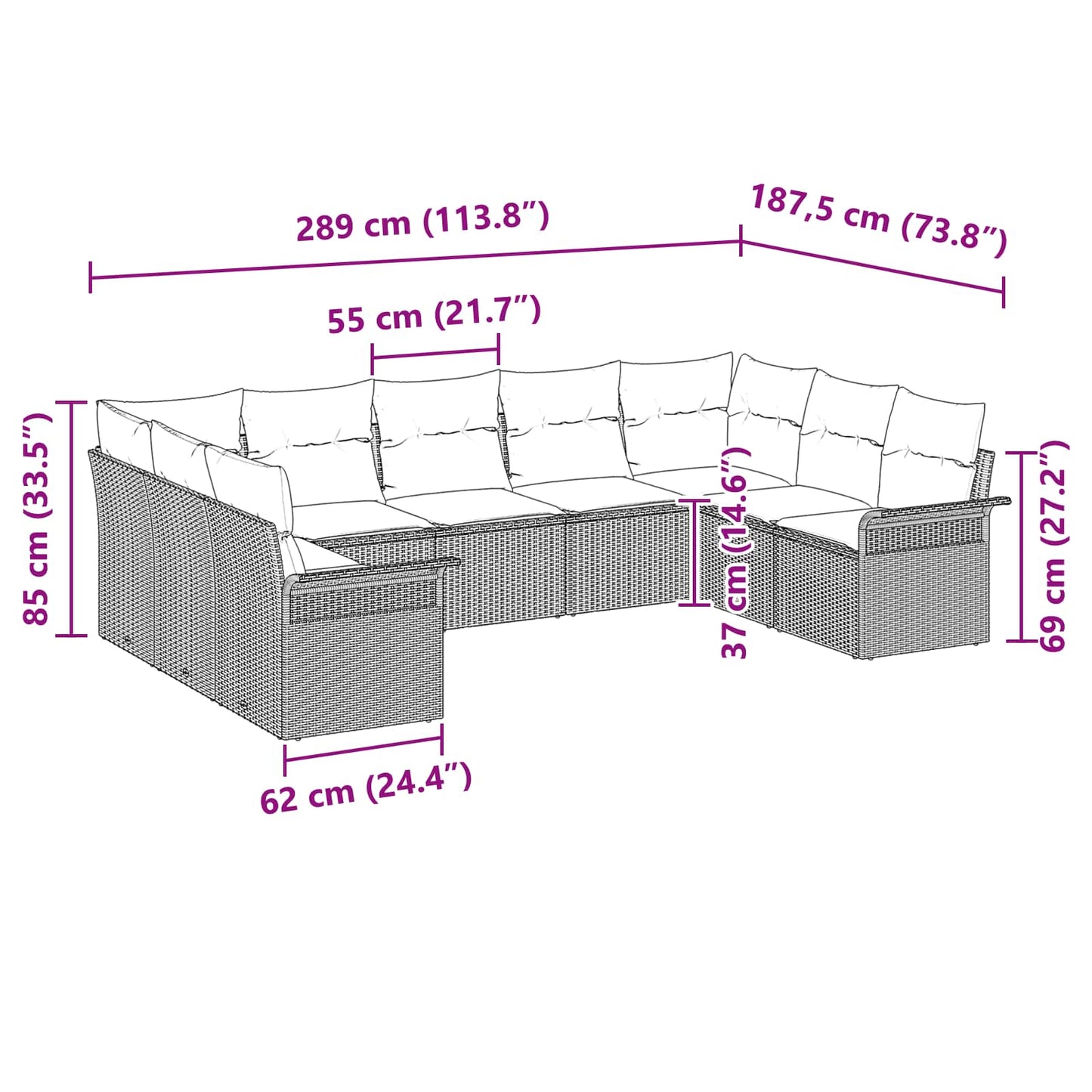 Kerti Kanapé Szett párnával 9 pcs Barna polirattan