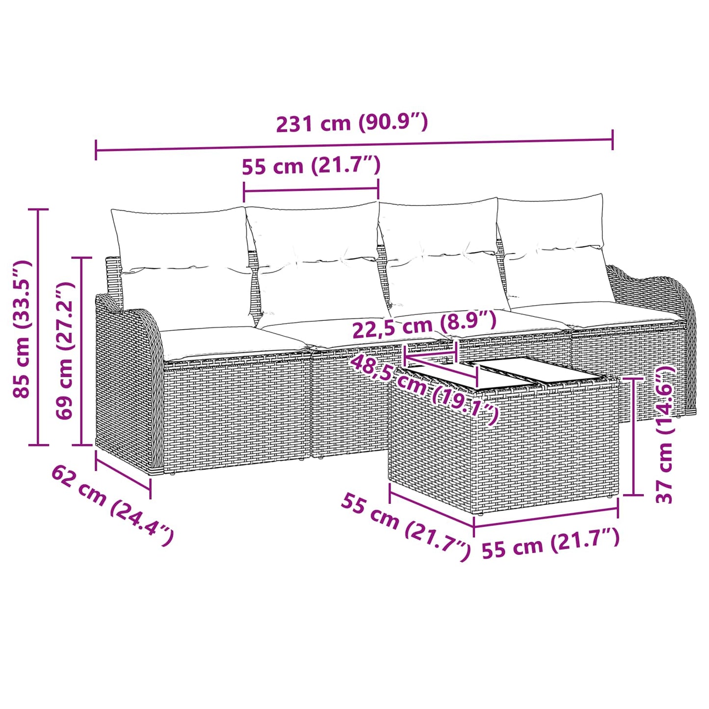 Kerti Kanapé Szett 5 db Szürke polirattan