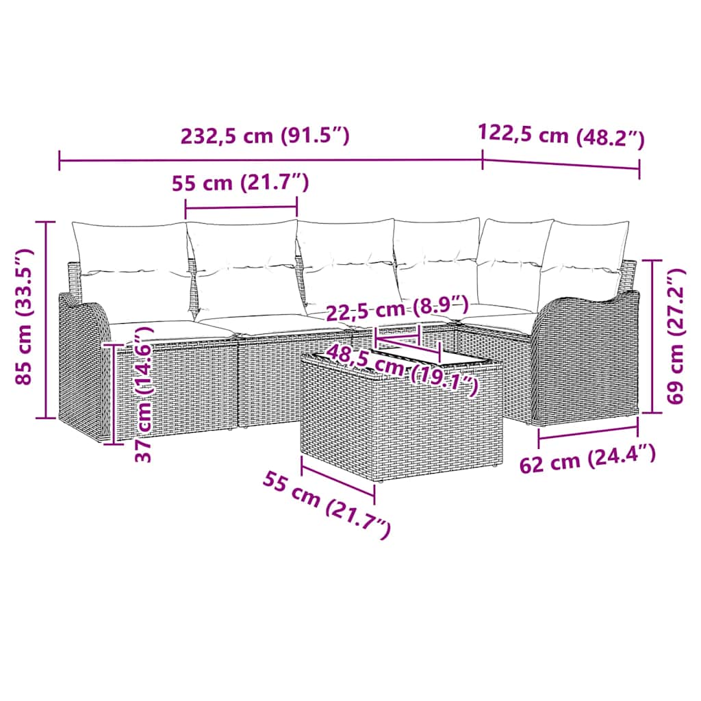 Kerti Kanapé Szett párnával 6 pcs Barna Poli rattan