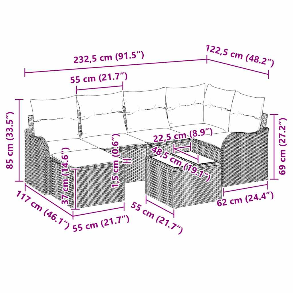 Kerti Kanapé Szett párnával 7 pcs Fekete Poli rattan