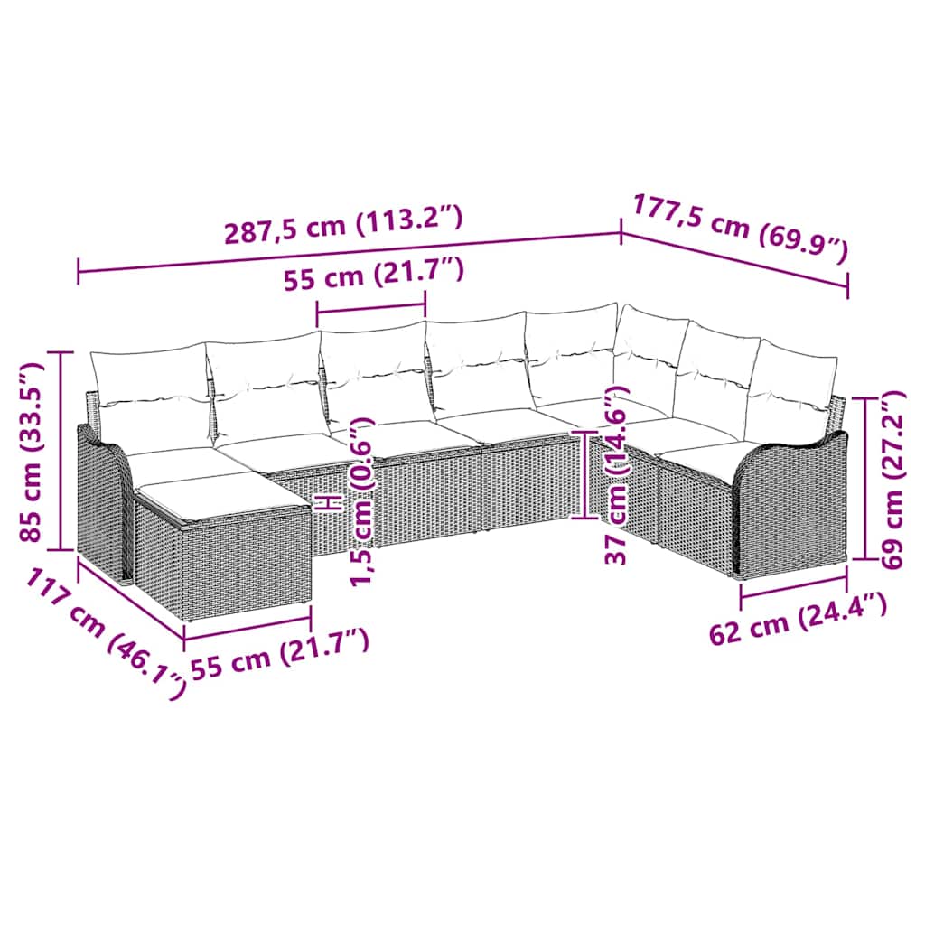 Kerti Kanapé Szett 8 pcs Fekete polirattan