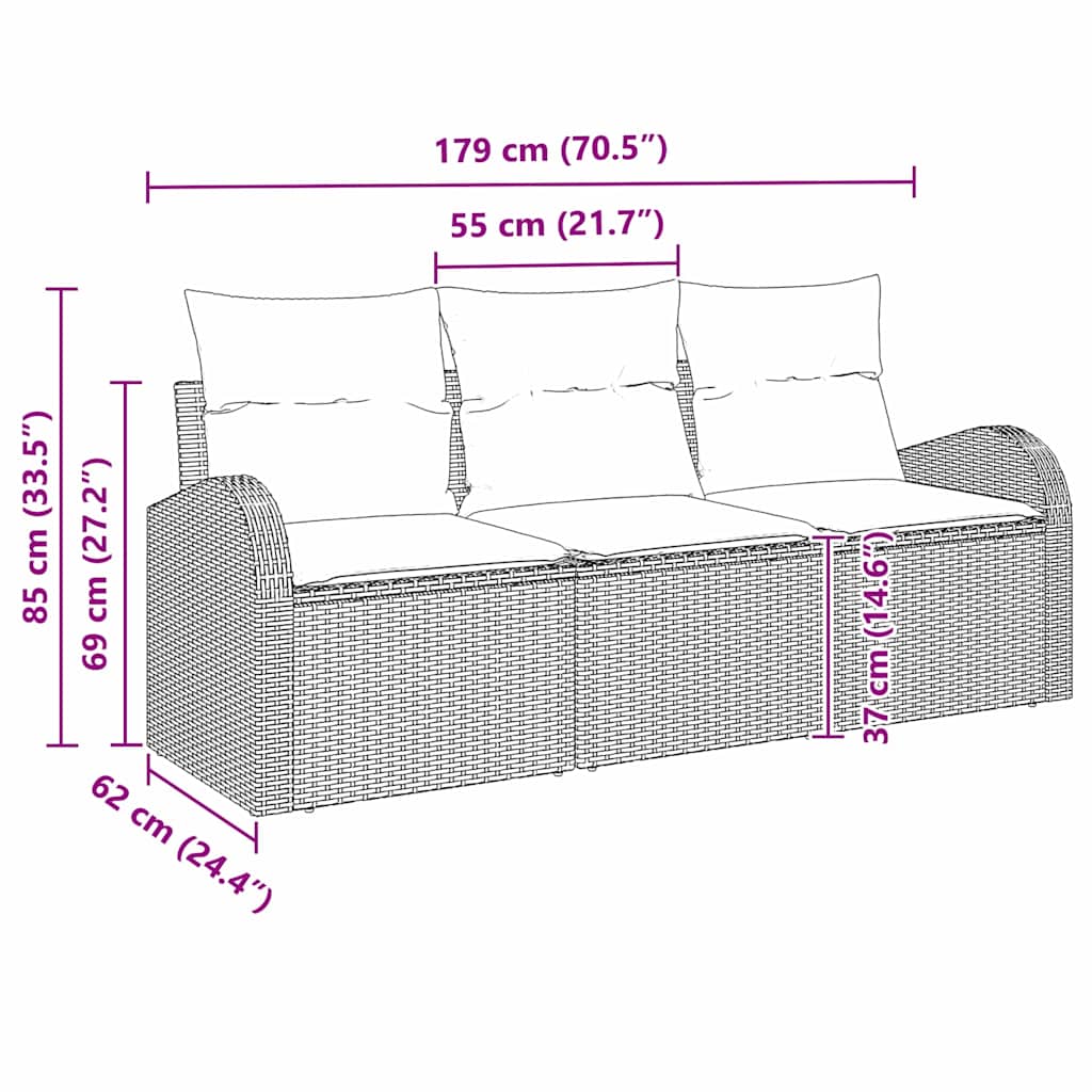 Kerti Kanapé Szett párnával 3 pcs Fekete Poli rattan
