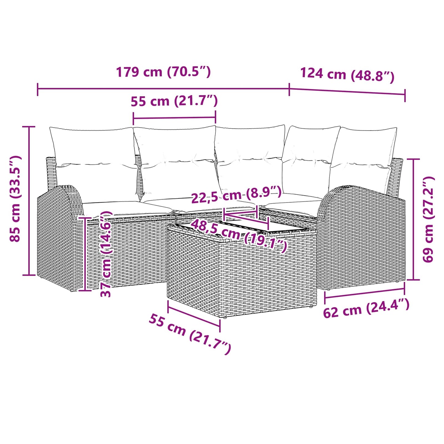 Kerti Kanapé Szett 5 pcs Barna polirattan