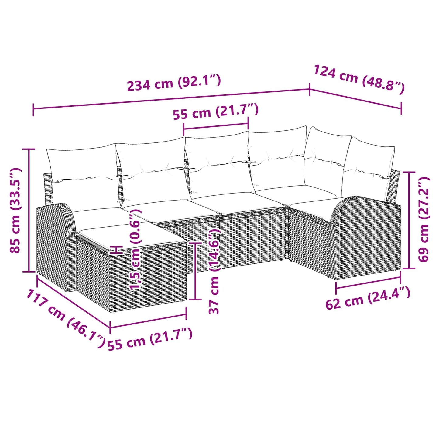Kerti Kanapé Szett párnával 6 pcs Barna Poly Rattan