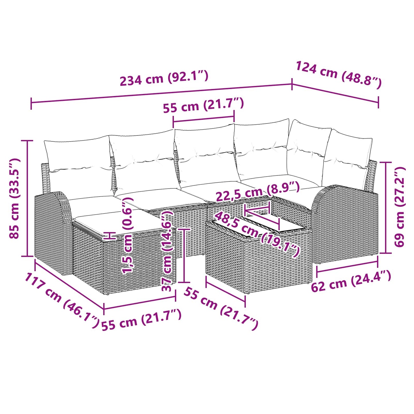 Kerti Kanapé Szett párnával 7 pcs Barna Poly Rattan