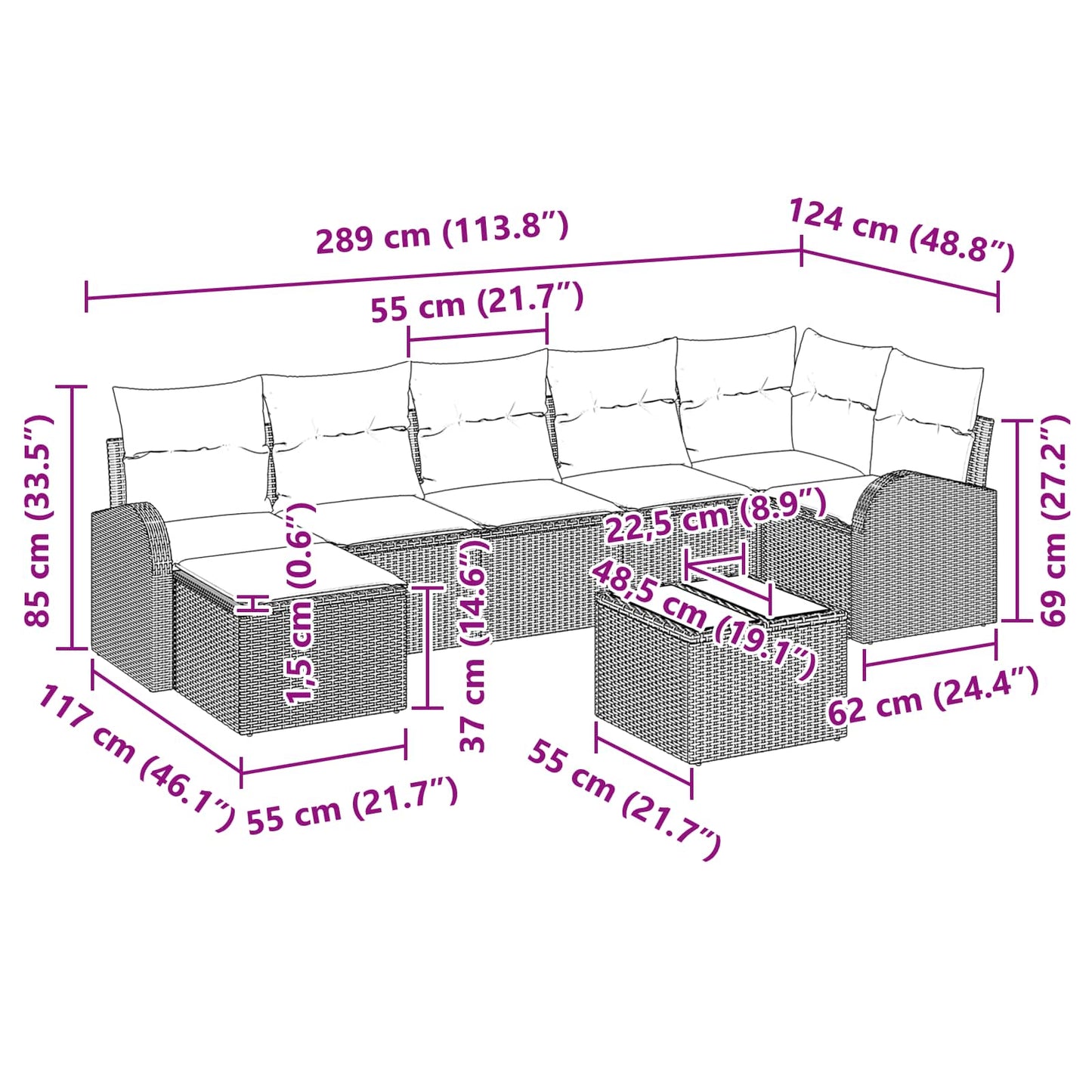Kerti Kanapé Szett párnával 8 pcs Barna Poly Rattan