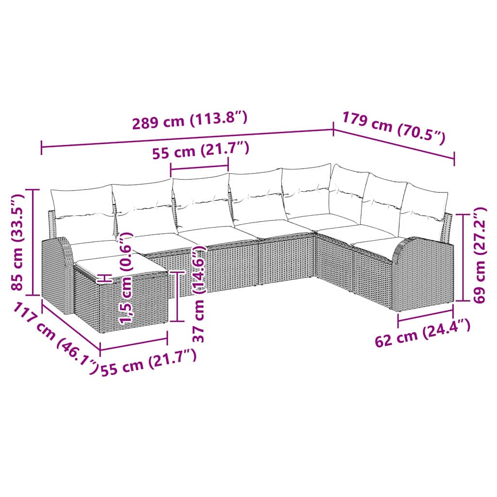 Kerti Kanapé Szett párnával 8 pcs Fekete Poly Rattan
