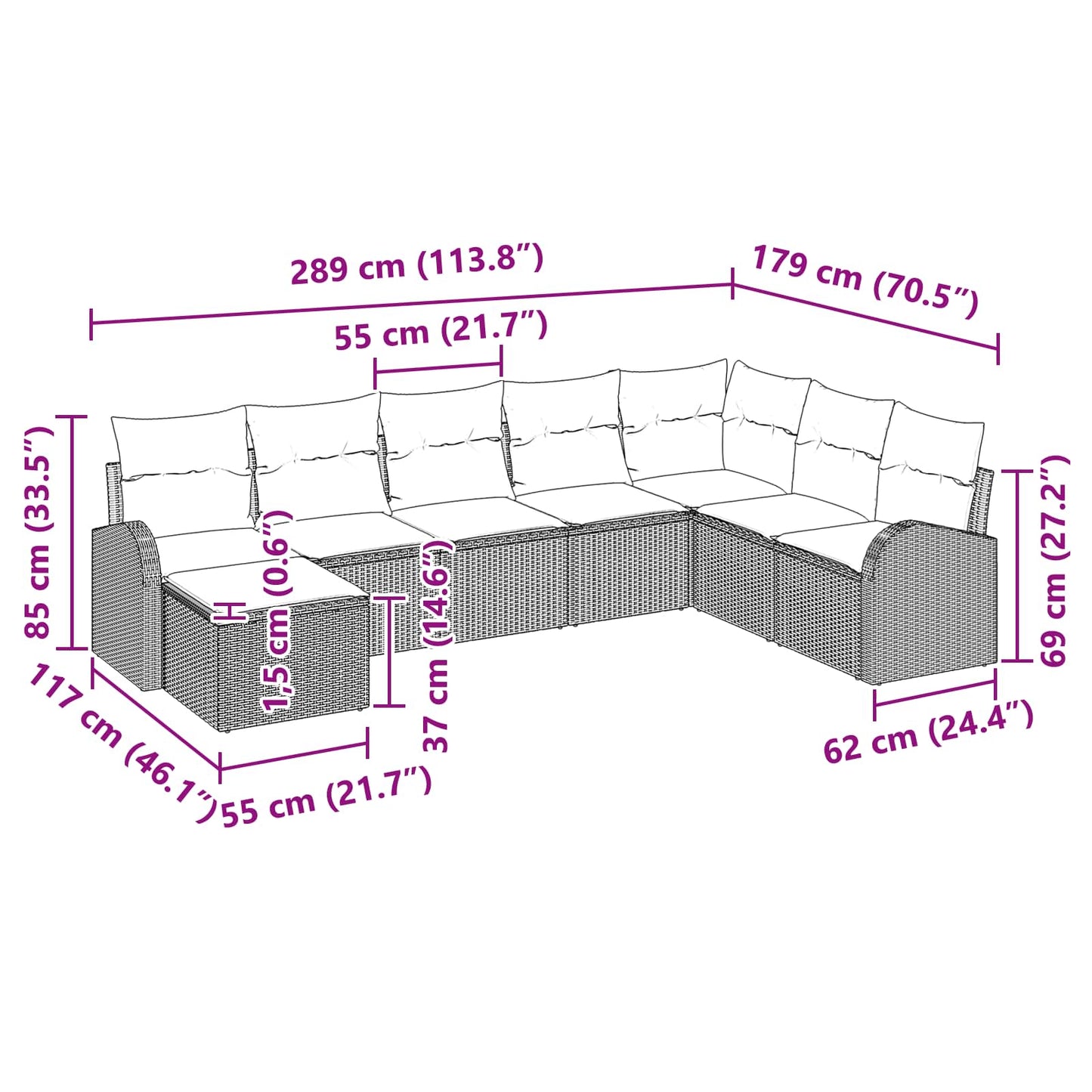 Kerti Kanapé Szett 8 pcs Barna Poli rattan
