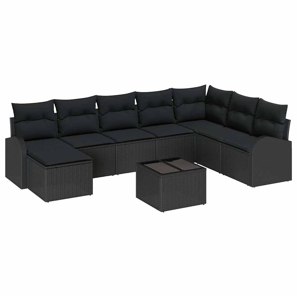 Kerti Kanapé Szett párnával 9 pcs Fekete Poli rattan