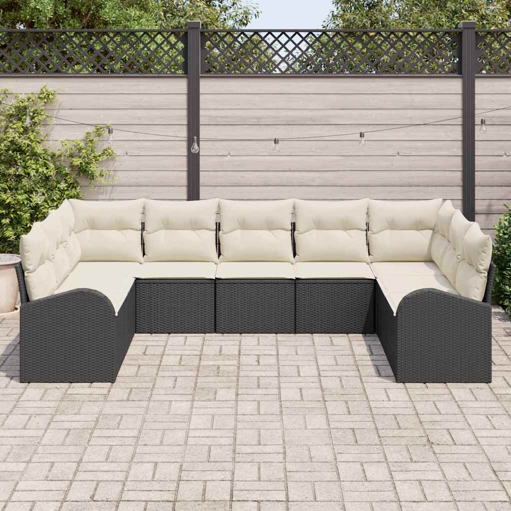Kanapé Szett párnával 9 pcs Fekete Poly Rattan