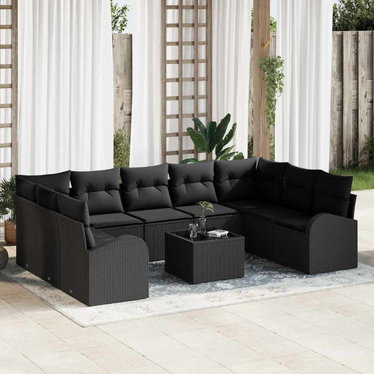 Kanapé Szett párnával 10 pcs Fekete Poly Rattan
