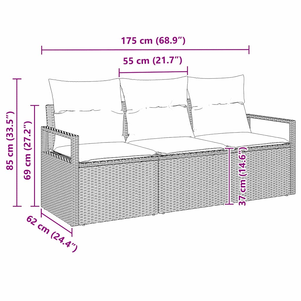 Kanapé Szett 3 pcs Szürke polirattan