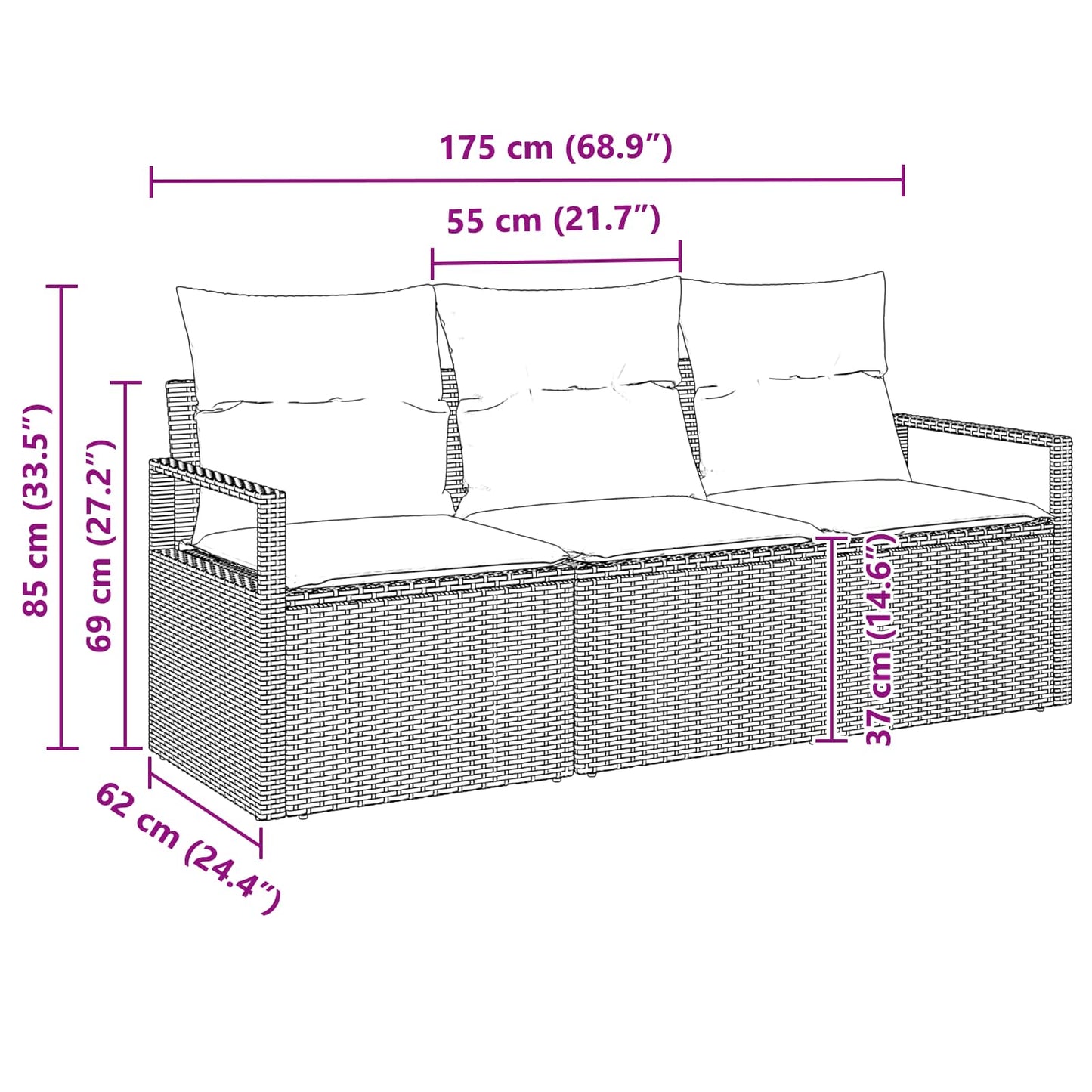 Kanapé Szett 3 pcs Fekete polirattan