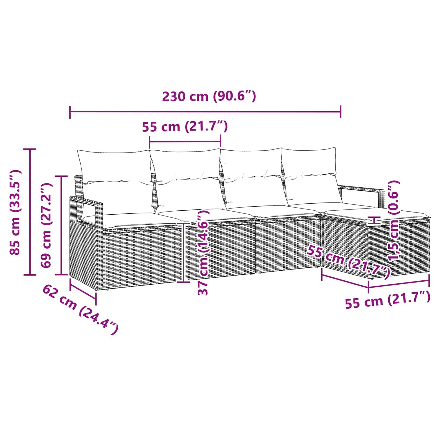 Kanapé Szett 5 pcs Fekete polirattan
