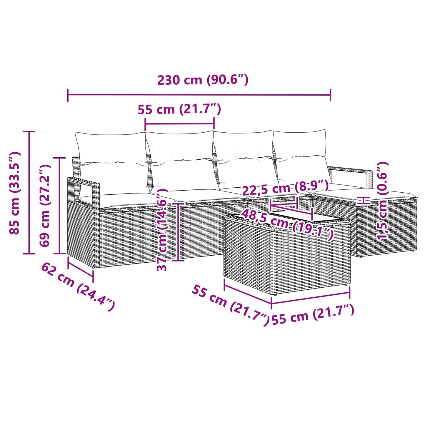 Kanapé Szett párnával 6 pcs Barna polirattan
