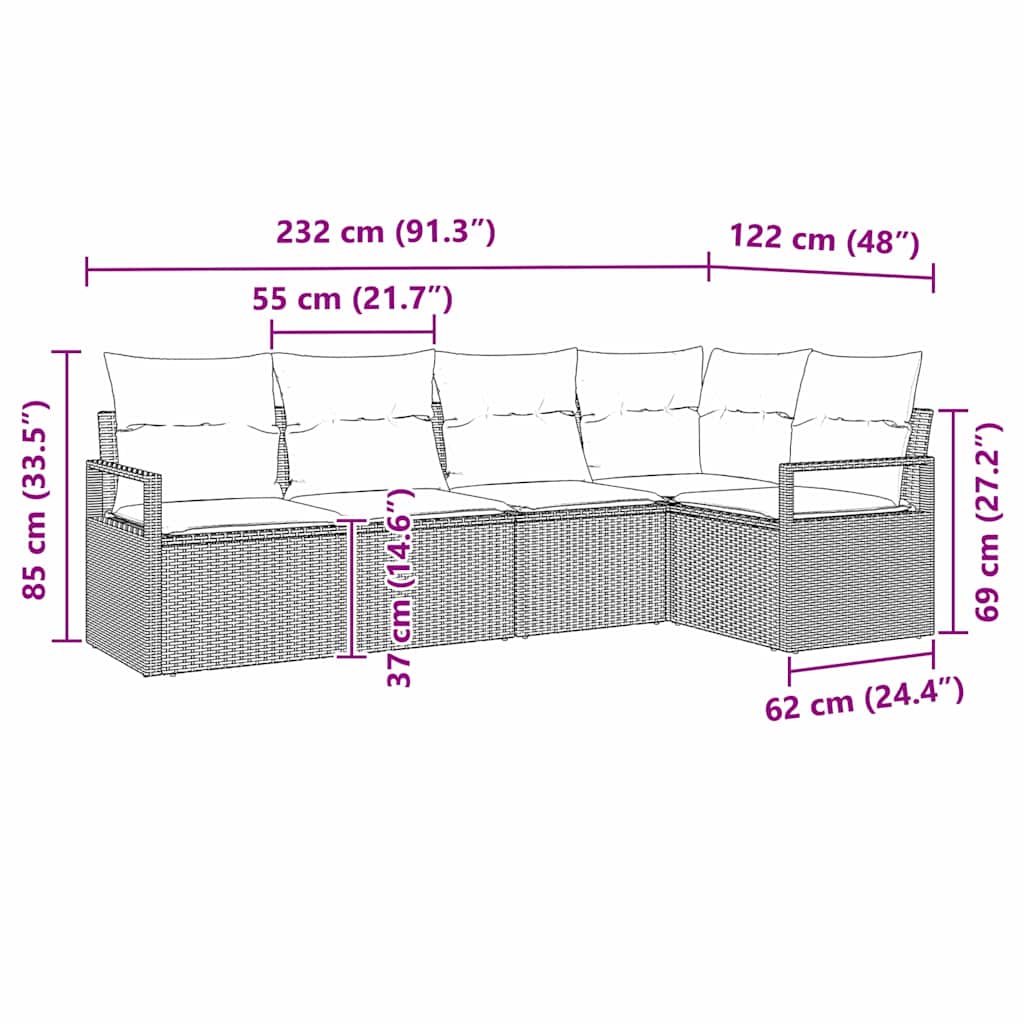 Kanapé Szett párnával 5 pcs Barna polirattan
