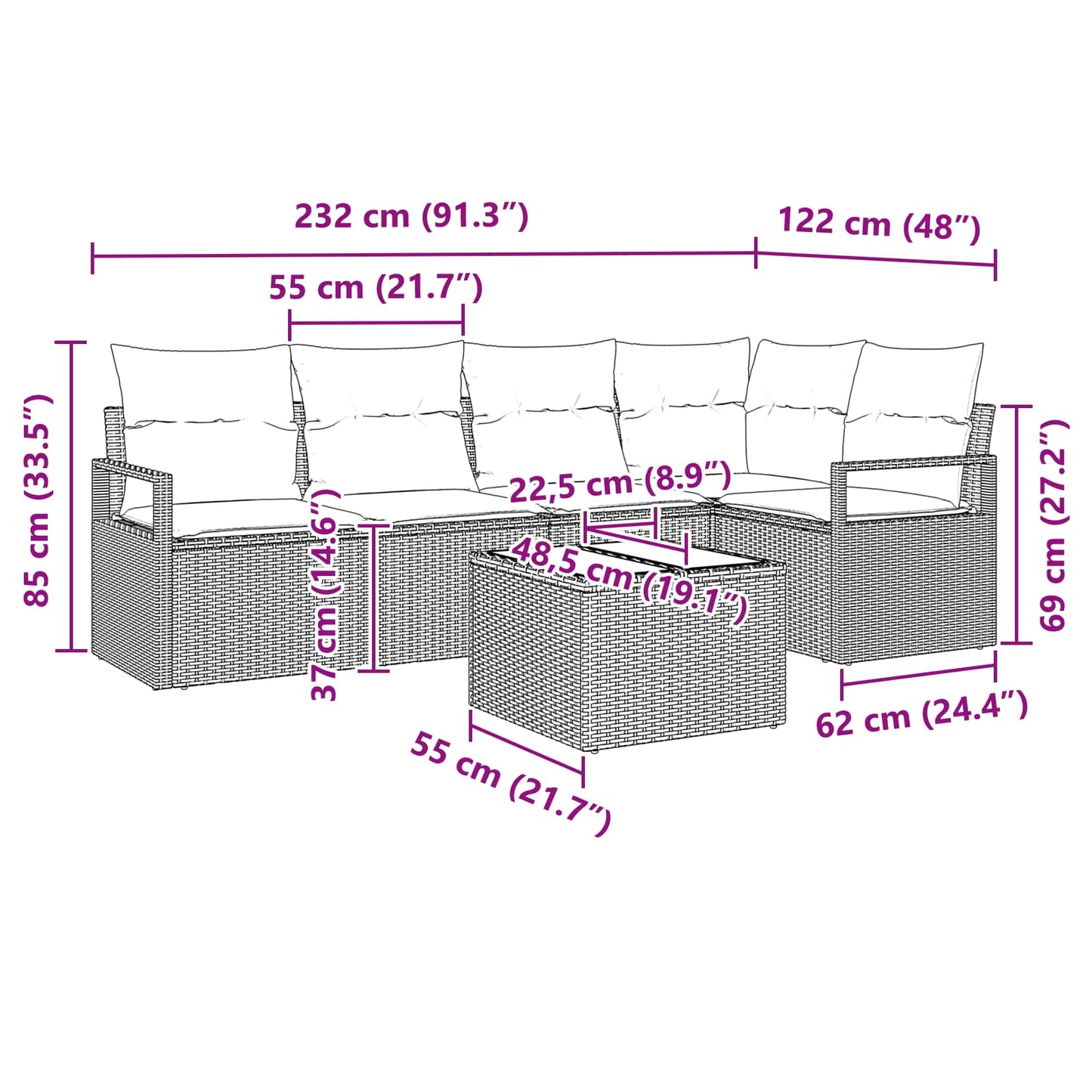 Kanapé Szett 6 pcs Szürke polirattan