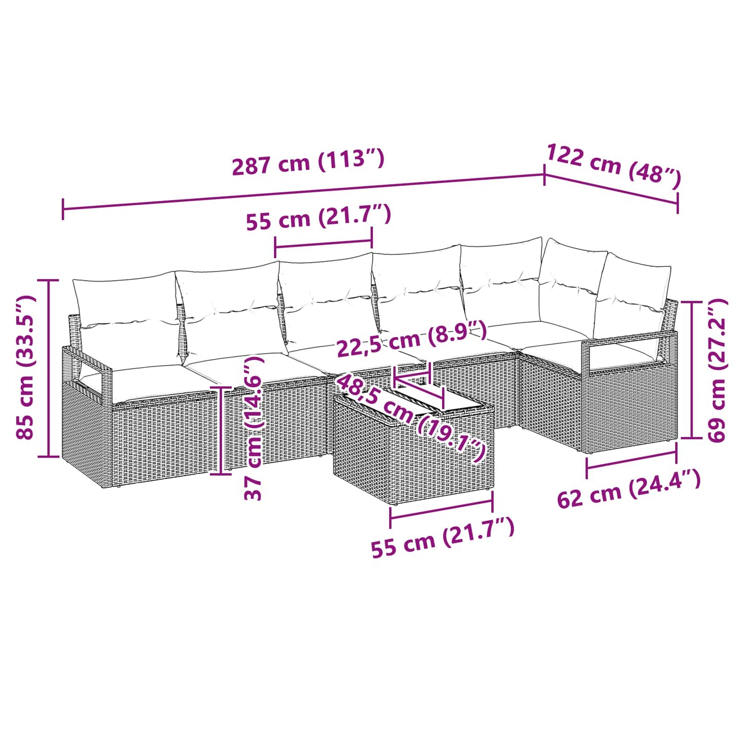 Kanapé Szett 7 pcs Barna polirattan