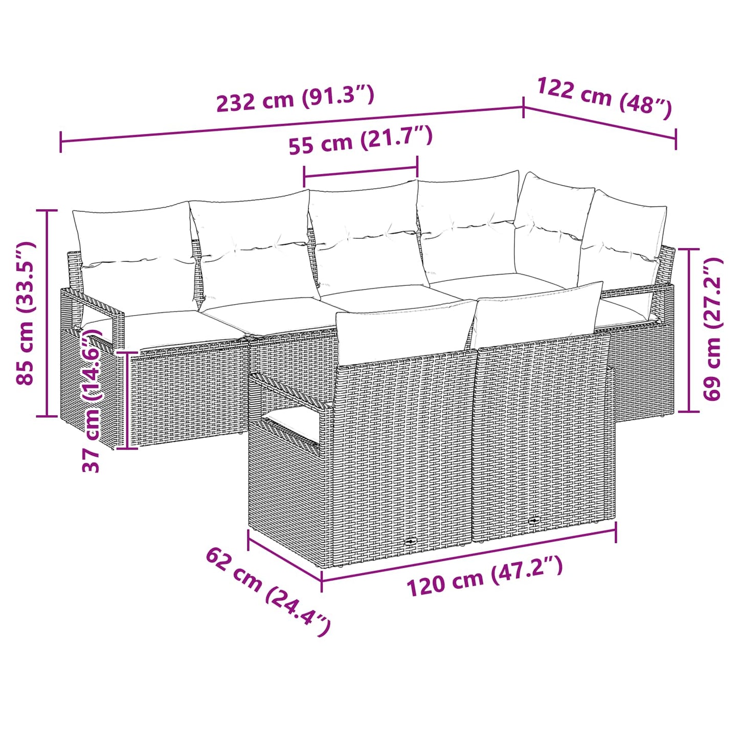 Kanapé Szett 7 pcs Fekete polirattan