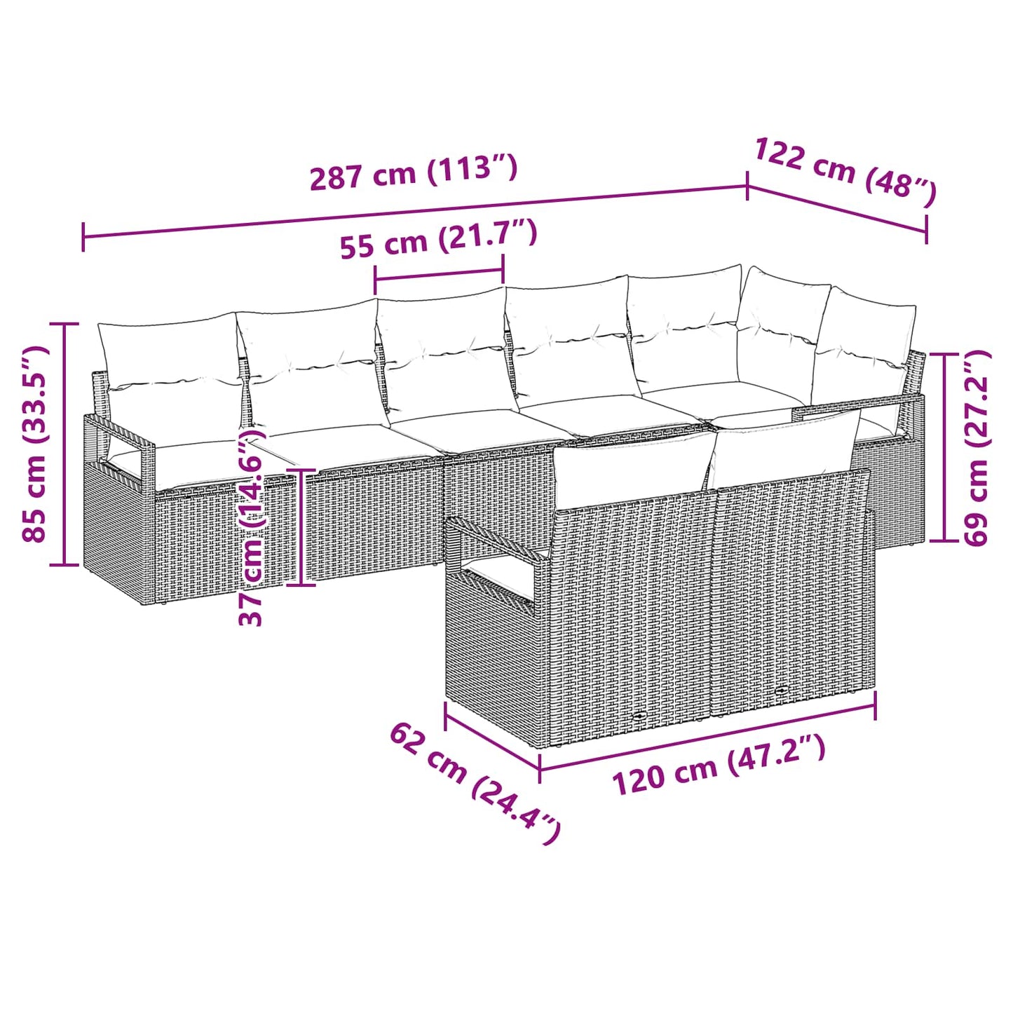 Kanapé Szett 8 pcs Fekete polirattan