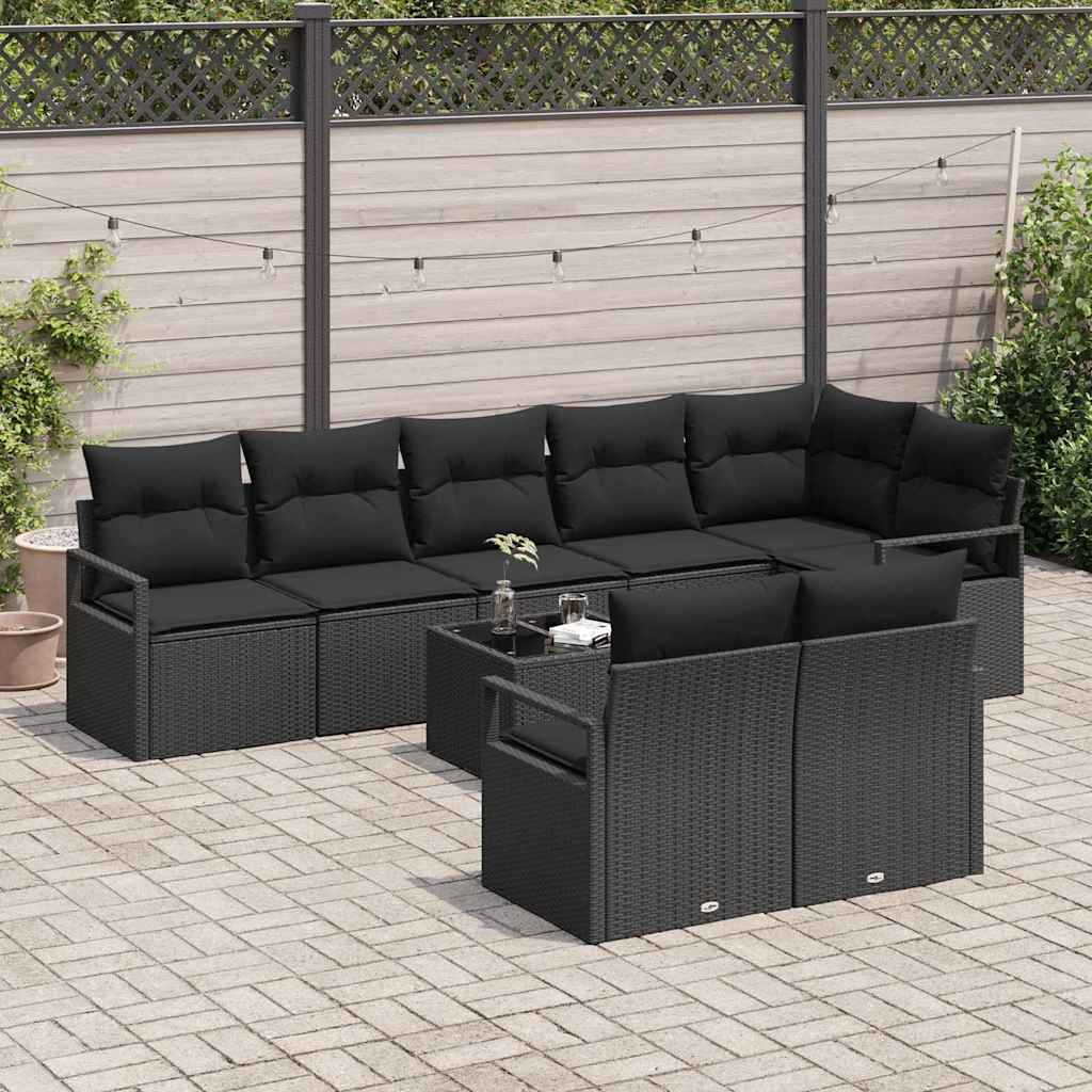 Kanapé Szett párnával 9 pcs Fekete polirattan