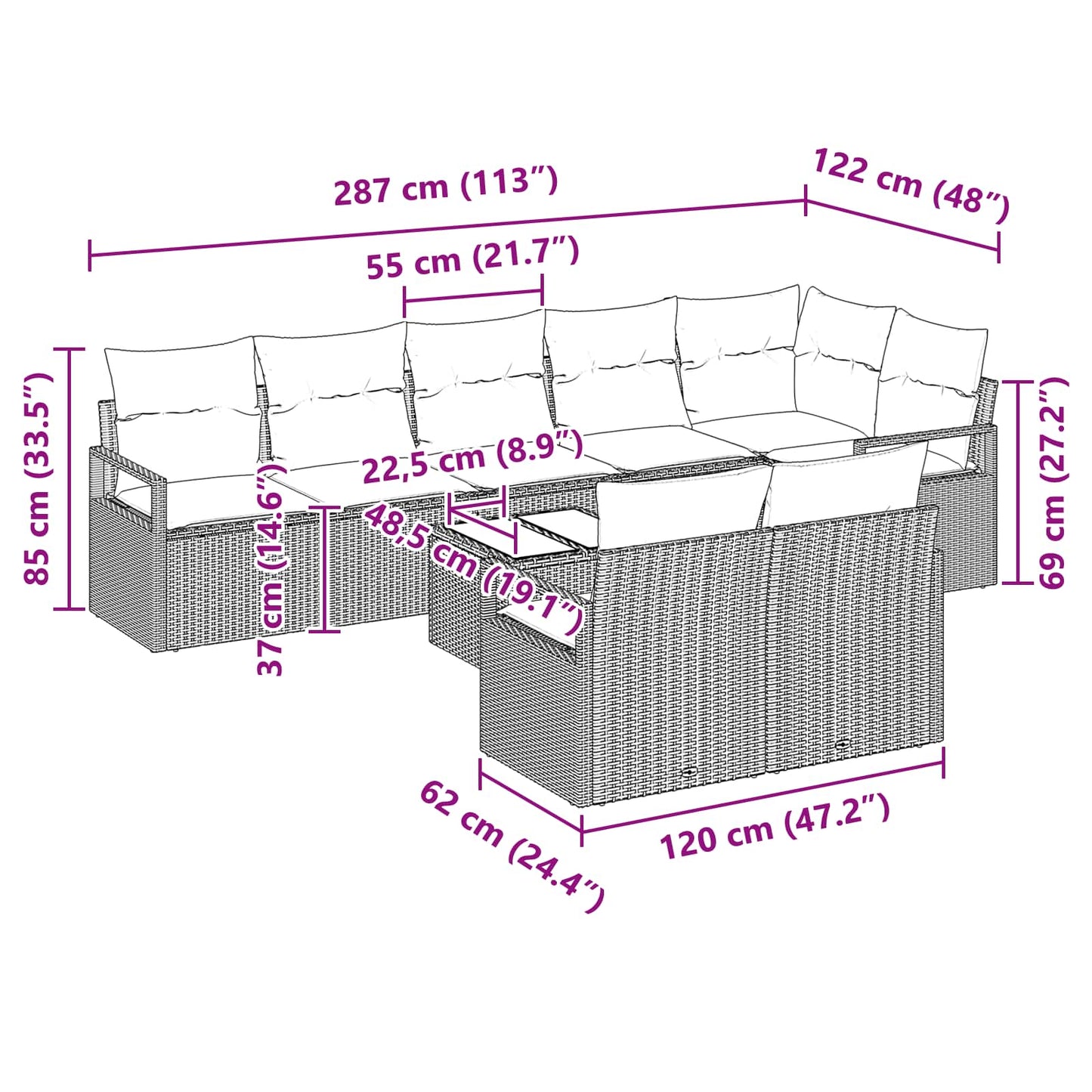 Kanapé Szett 9 pcs Szürke polirattan